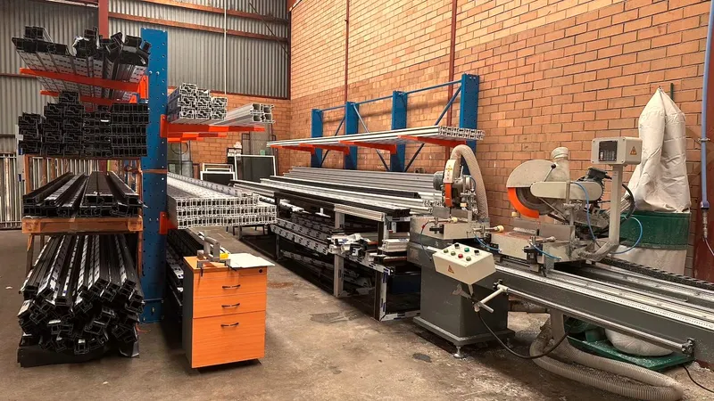 uPVC profile lengths racked beside the cutting station at the GaBe Kewdale factory