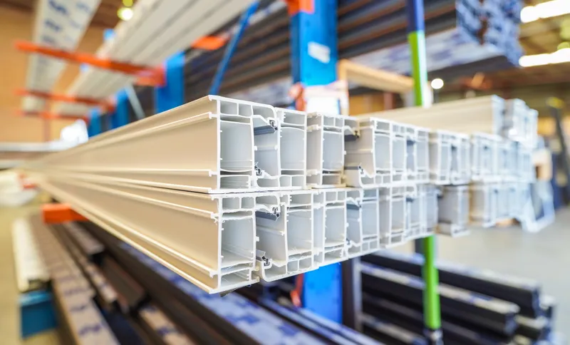 Finished uPVC frame components stacked at the GaBe Kewdale factory
