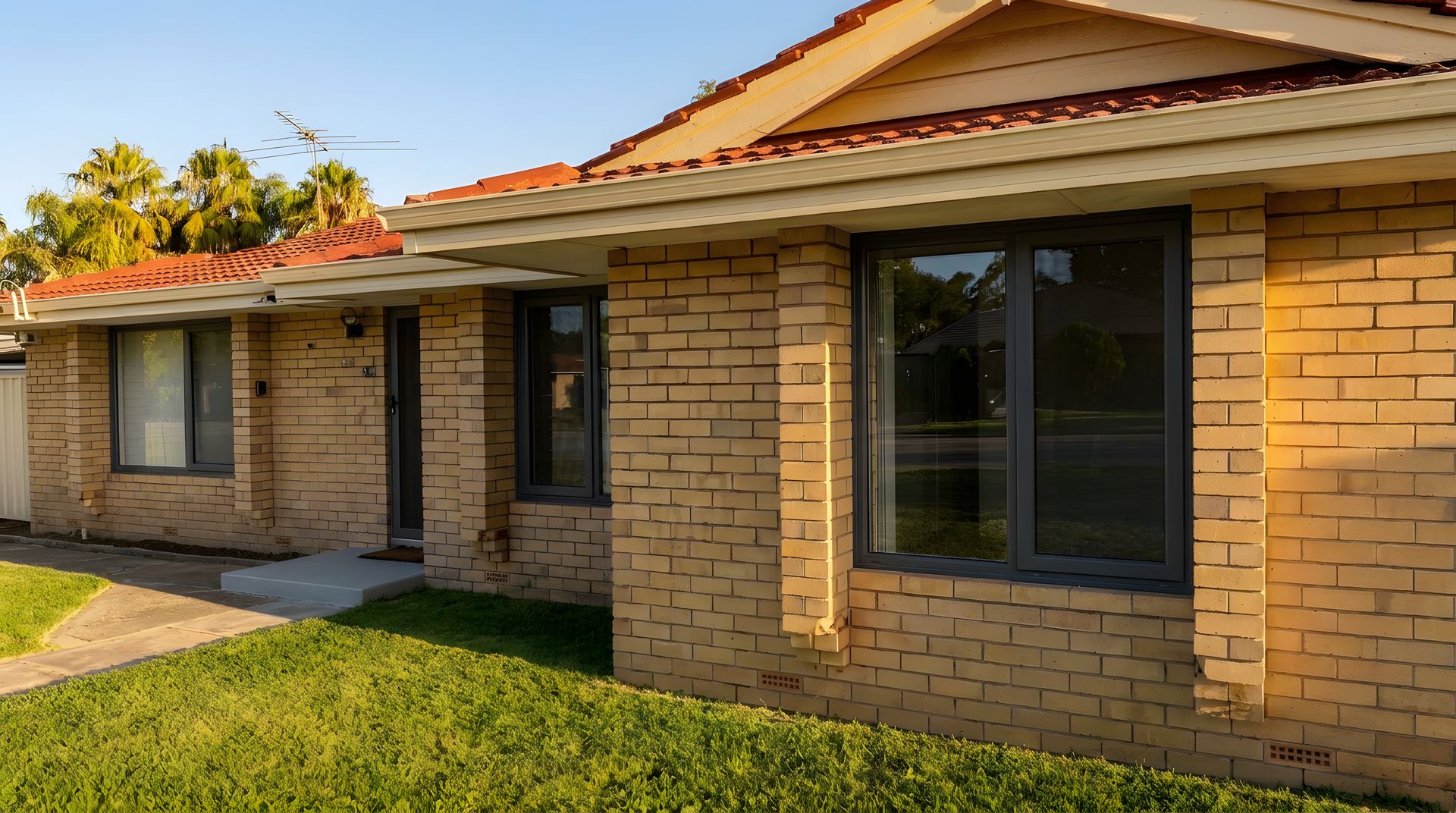 Cream-brick Perth home exterior with Anthracite-coloured uPVC window and door frames (colour visualisation)