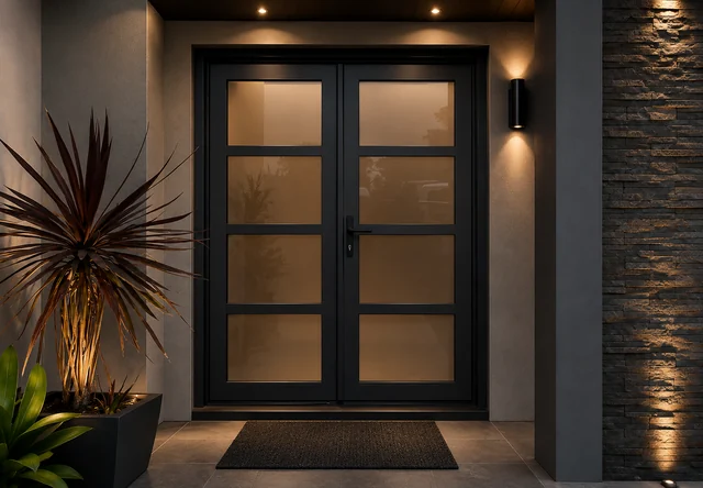 Modern black double-glazed front entrance door with warm architectural lighting