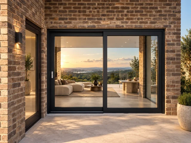Luxury anthracite lift-and-slide door framing a golden-hour landscape view