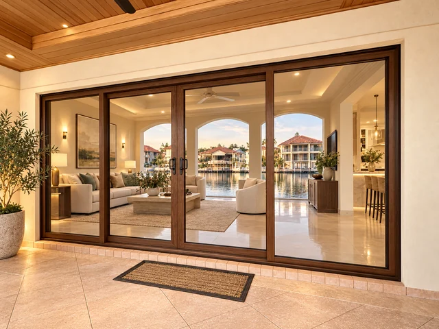 Luxury timber-look sliding door opening to a waterfront living area