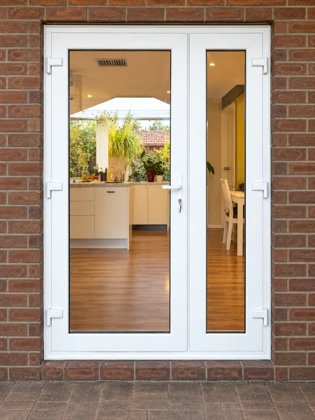 White uPVC uneven French door set in a brick wall with a warm modern interior beyond