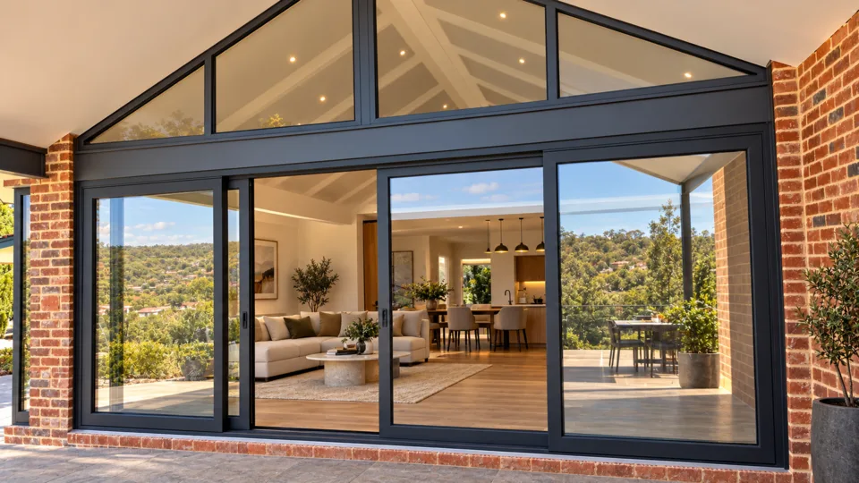Large dark-framed uPVC sliding doors opening to a modern Perth living area