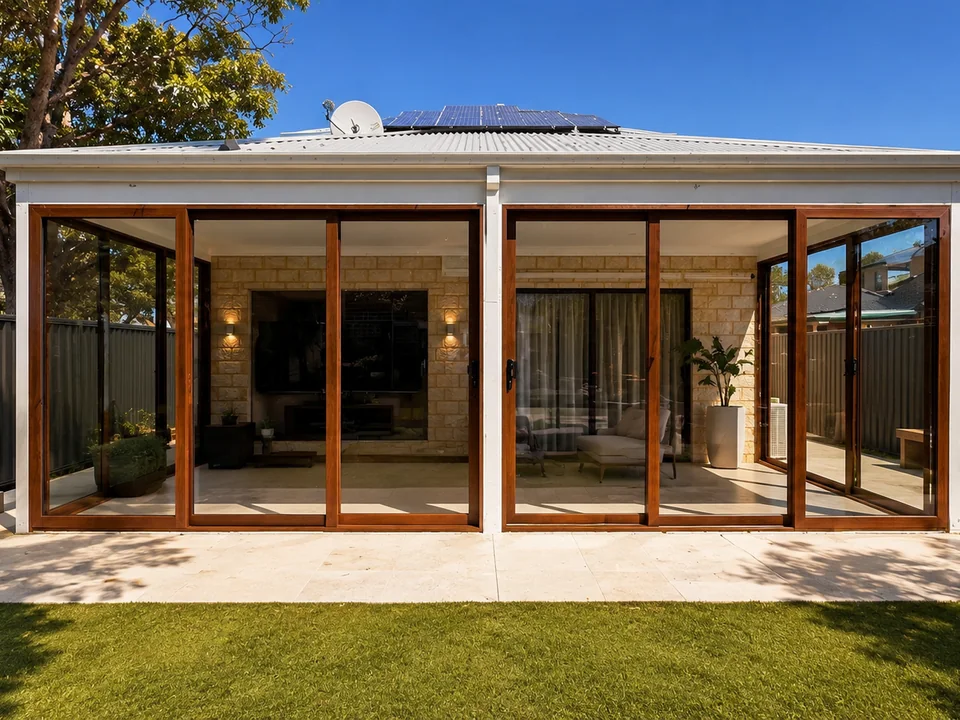 Modern glazed patio enclosure with warm timber-framed sliding doors