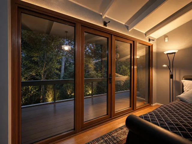 Timber-look glazed balcony door opening to a private balcony