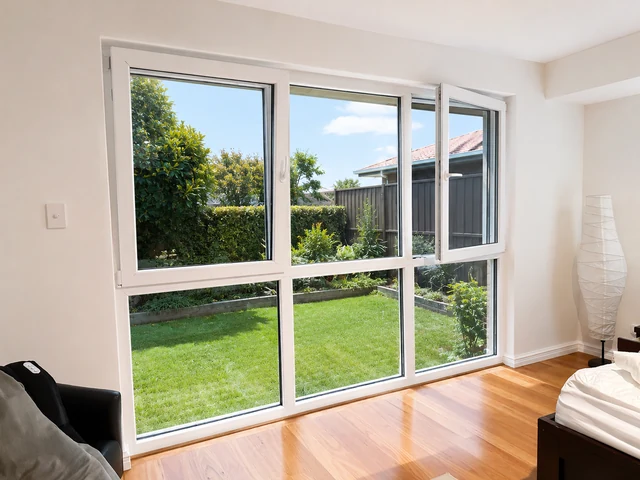 Bright bedroom with a large white uPVC window wall overlooking the garden