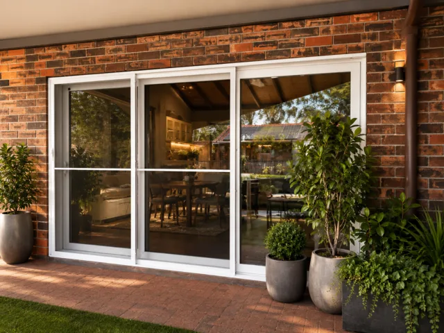 White glazed dining-room doors opening to a landscaped patio