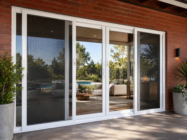 White glazed games-room doors opening toward a pool and outdoor living area