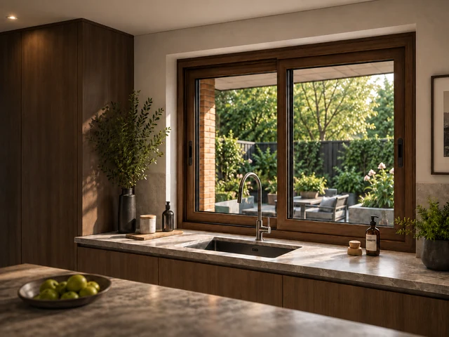 Warm modern kitchen with timber-look uPVC window overlooking a garden