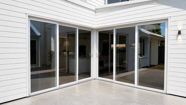 Large white glazed living-room doors opening to an outdoor entertaining area