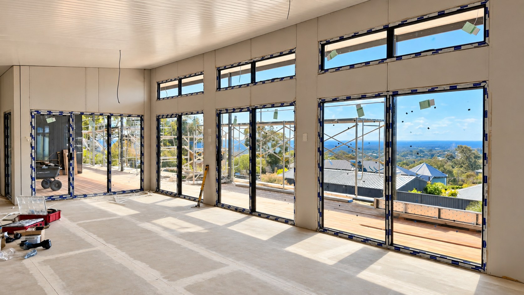 Bright interior of a new build home with floor-to-ceiling glazing and wide scenic views