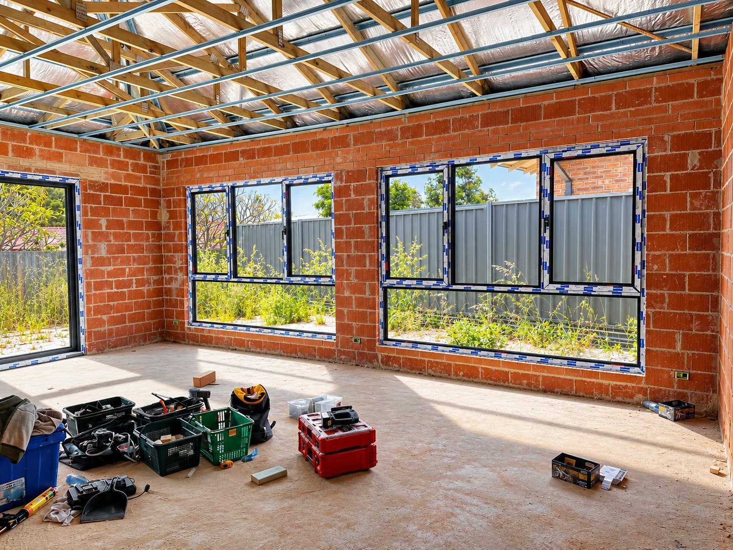 Brick new-build interior shell with freshly installed window suites and roof framing visible