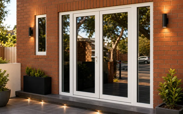 White uPVC French patio doors with glazed sidelights in a modern brick home