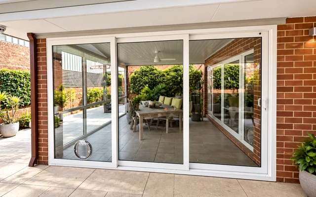 Wide white uPVC stacker patio doors opening to a sheltered outdoor entertaining area
