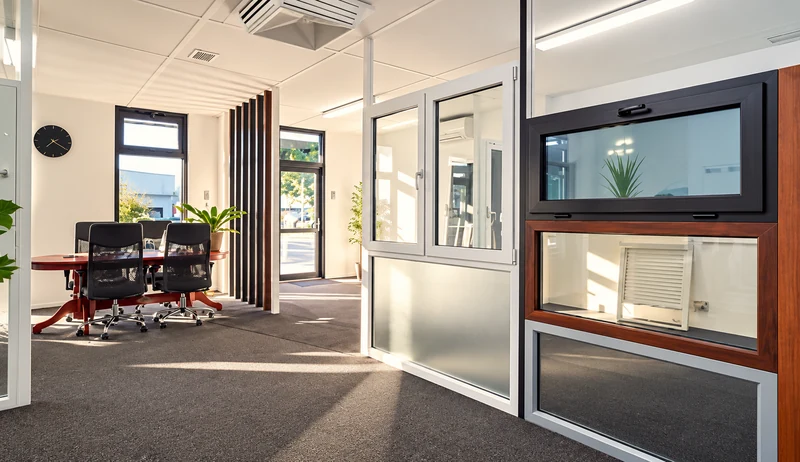 Full-size window and door units on display at the GaBe Kewdale showroom