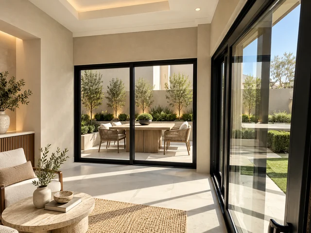 Luxury black-framed fixed patio glazing overlooking a landscaped courtyard