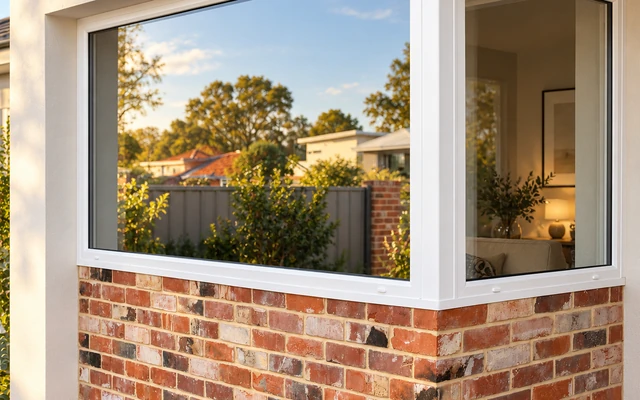 Luxury fixed corner bay window with warm golden-hour light and clean contemporary styling