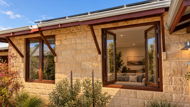 Luxury timber-look French window with both sashes open inward and a view into the living room