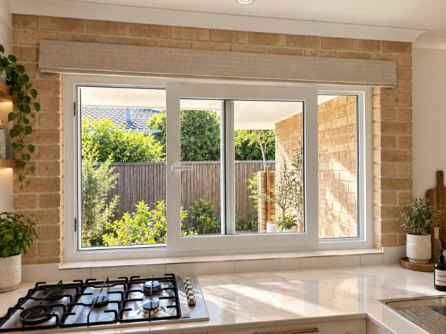 Modern white uPVC sliding kitchen window in a bright luxury interior