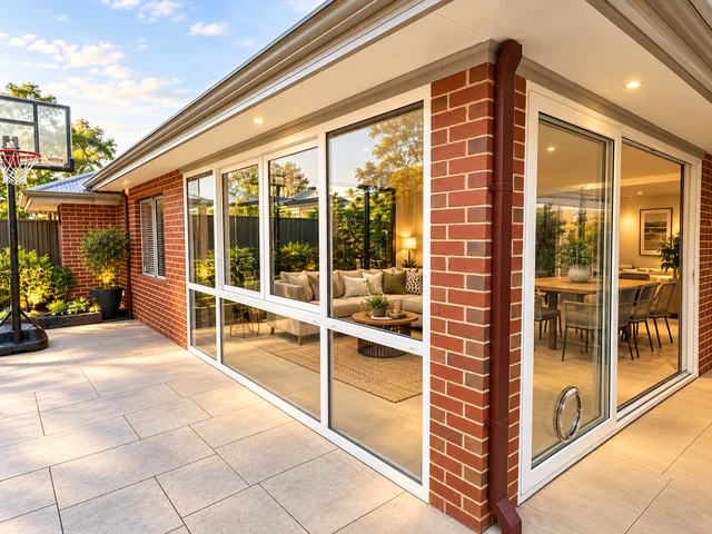 Modern patio with white uPVC sliding glazing and a bright indoor-outdoor living area