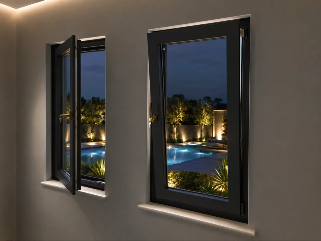 Luxury black tilt-and-turn windows overlooking a lit pool at dusk